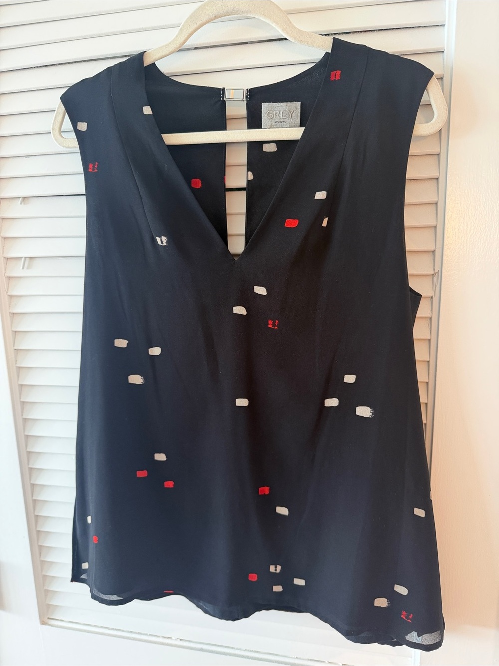 Jason Wu Black Sleeveless V-Neck Blouse with Red and White Dot Print